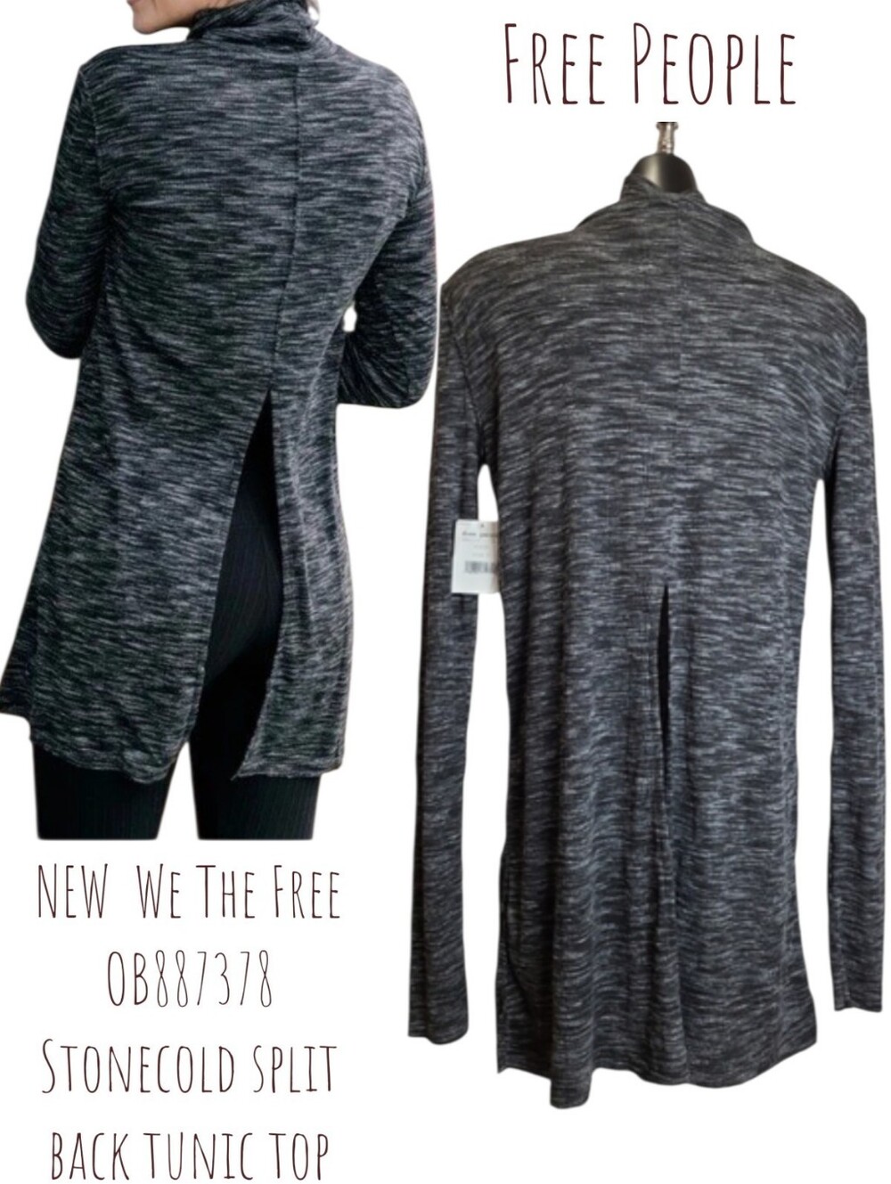 Free People Women'sStonecold Turtleneck split back tunic top marl Black Grey S